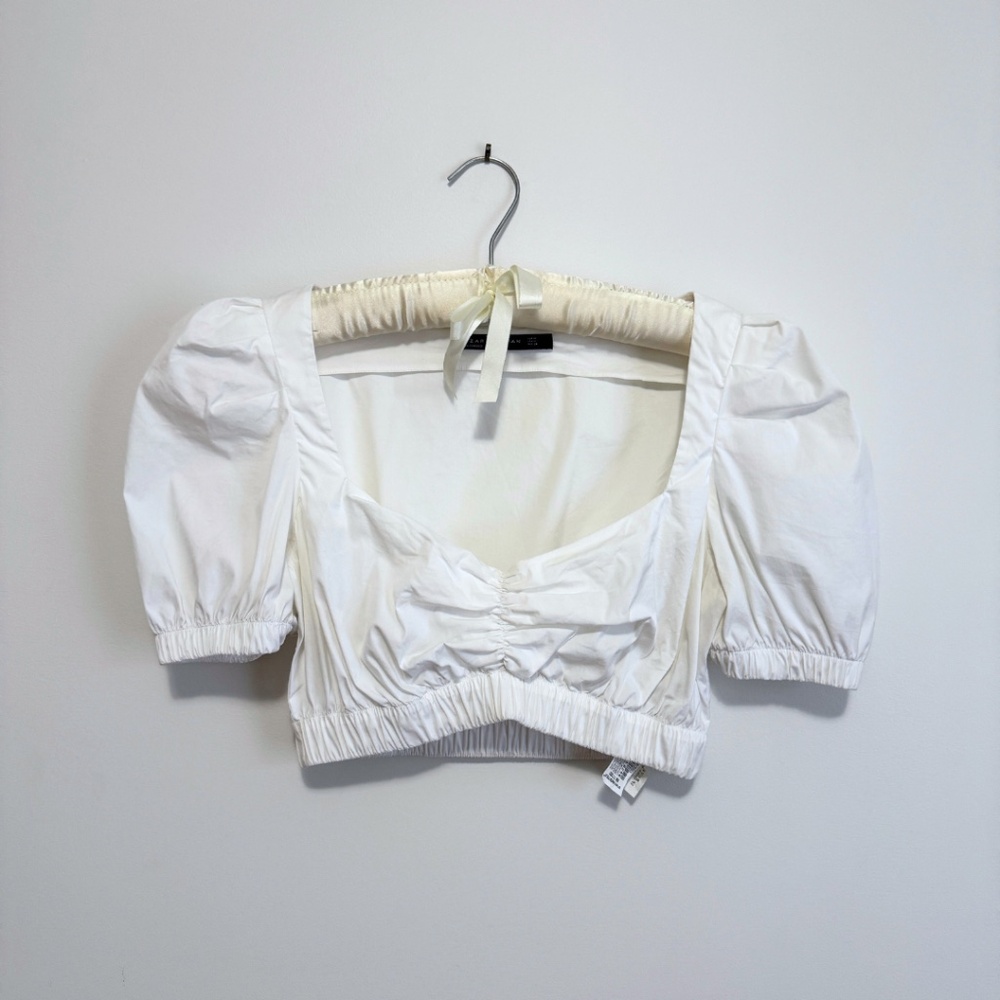 White Zara Puff Sleeve Cropped Sweetheart Neckline Top M